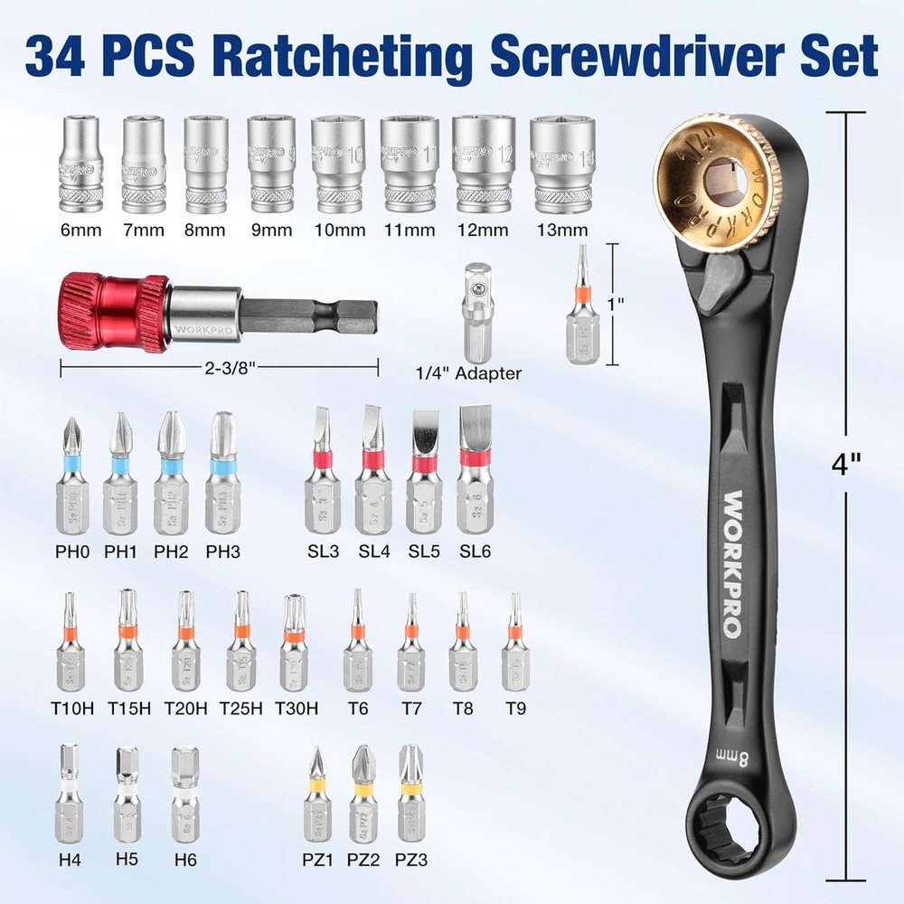 WORKPRO 34PC Offset Ratcheting Screwdriver Low Profile Ratchet Wrench Bit Socket