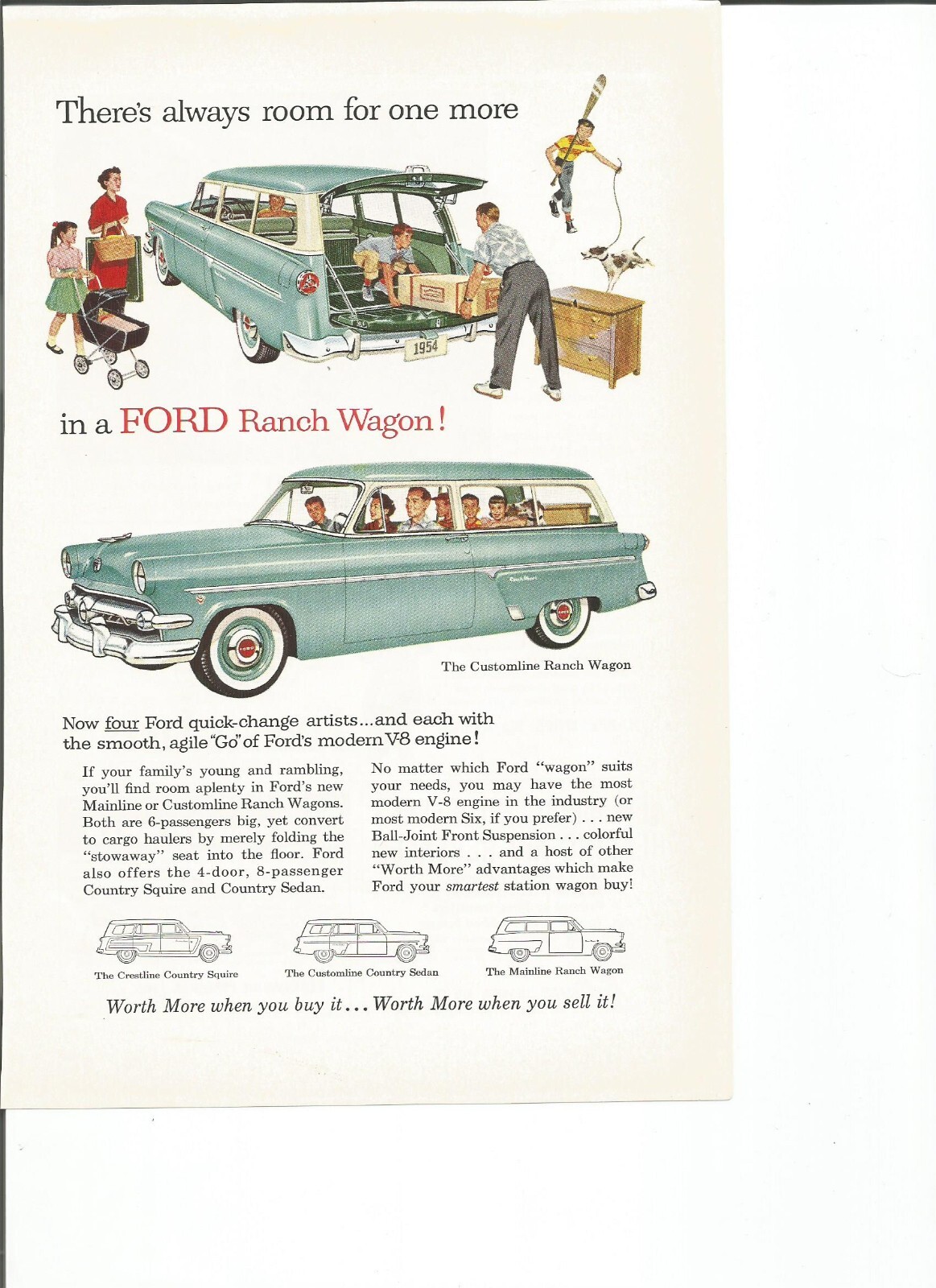 1954  Ford print ad:  "There's always room for one more in a Ford Ranch Wagon"