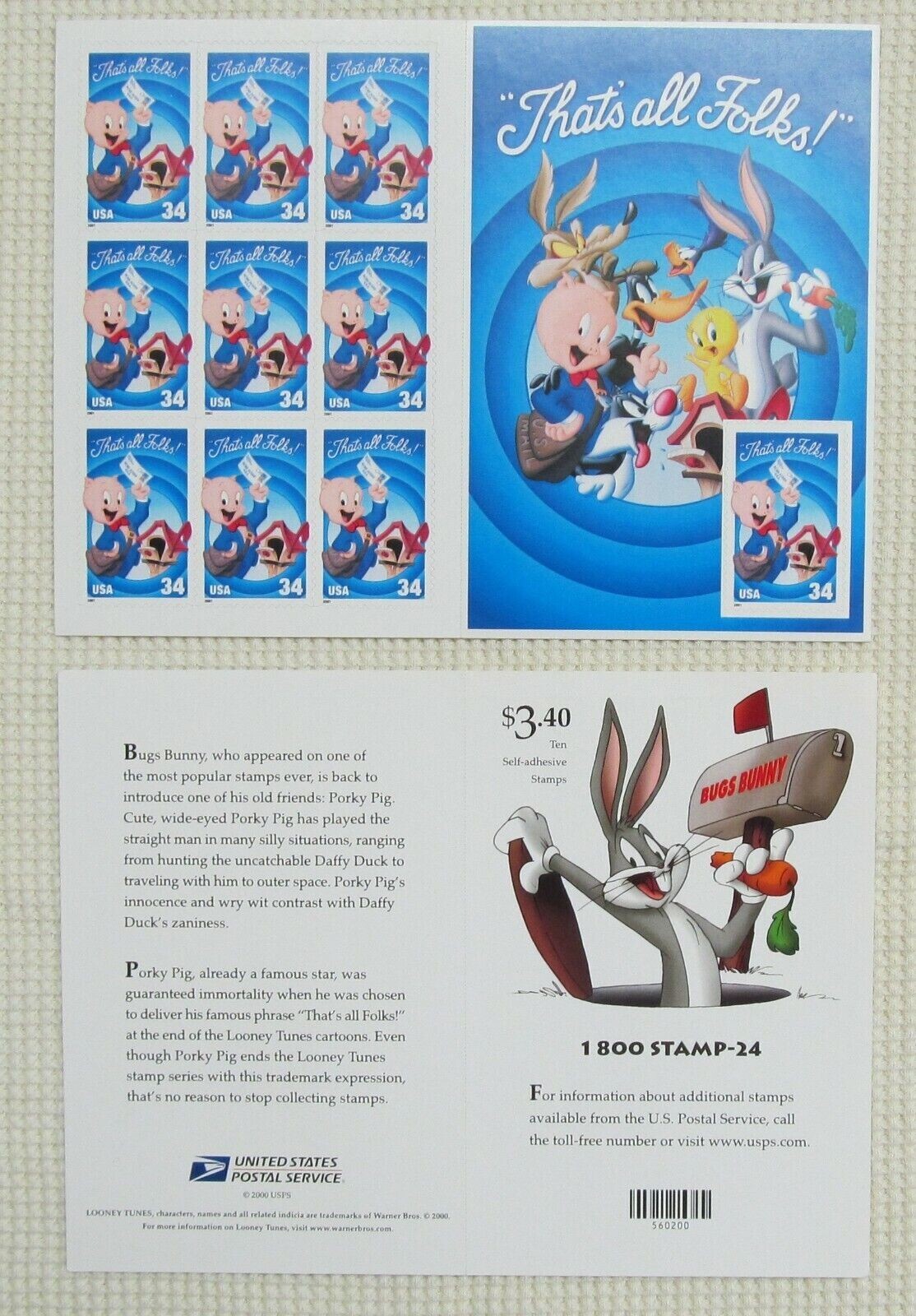 Five Booklets x 10 = 50 of LOONEY TUNES Bugs Bunny Complete Set US Postage Stamp