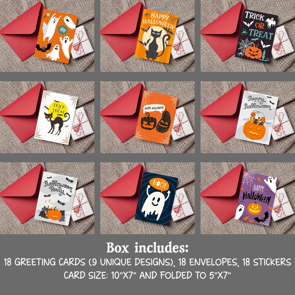Halloween Cards with Envelopes, 18 Pack – 9 Assorted Designs