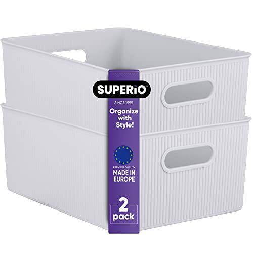 Superio 15L Medium Ribbed Storage Bin- Plastic Storage Bin  (2 Pack White Smoke)
