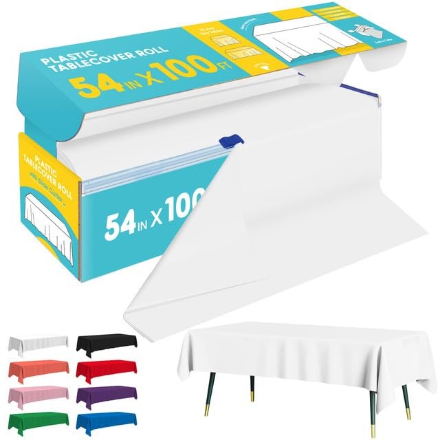 White Plastic Table Cover Roll - 54IN x 100FT, Table Cloth for Rectangle Tabl...