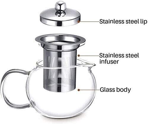 Clear Glass Tea Pot With Steel Infuser Leaf Teapot Stovetop Safe 22Oz \660ml