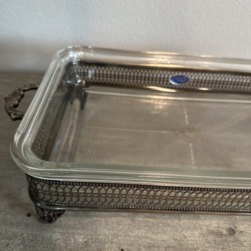 Reed & Barton Silver Plated Footed Casserole Holder and Glass Baking Dish