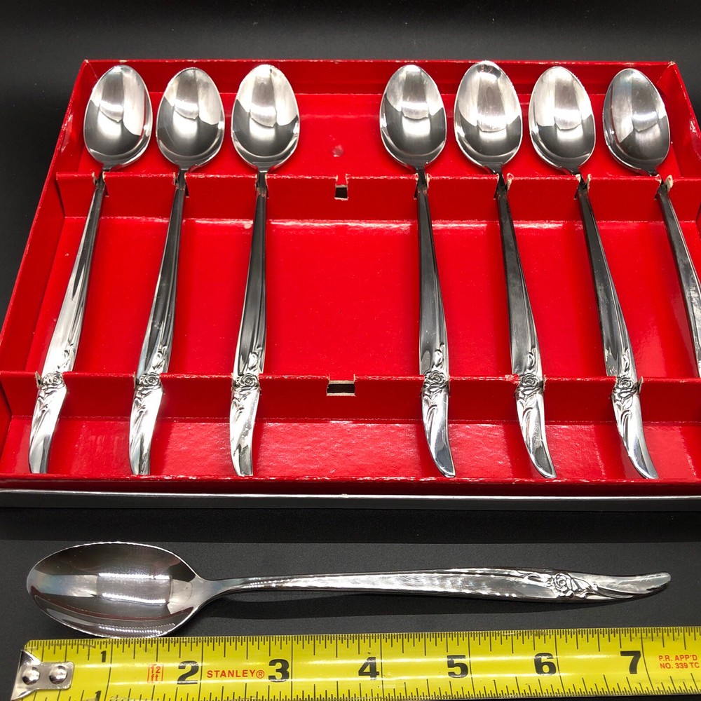 1881 Rogers Oneida Rose Song Silverplate 8 Iced Drink Tea Spoons Original Box