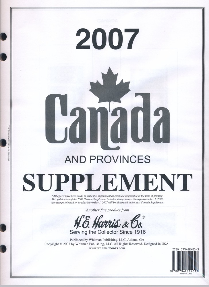 H E Harris Canada & Provinces 2007 Stamp Album Supplement