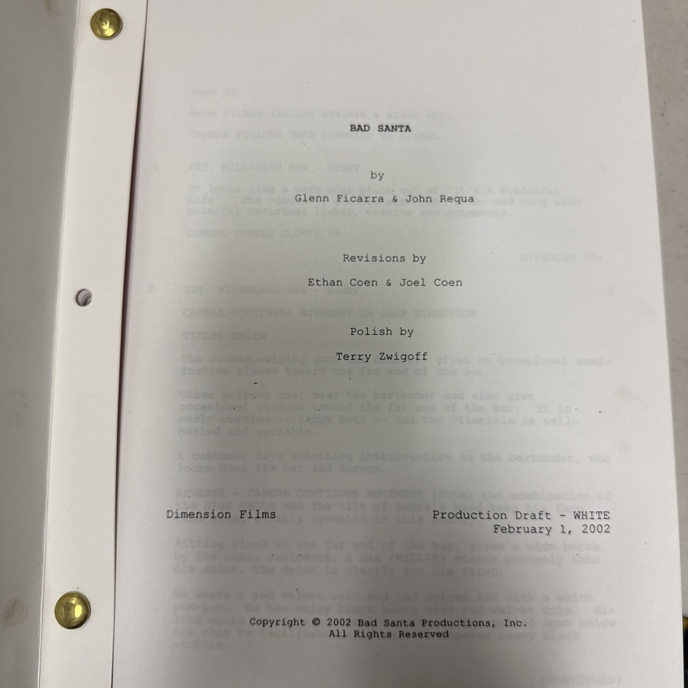 “ Bad Santa” Production Script Draft By Glenn Ficarra & John Requa 2002 RARE!
