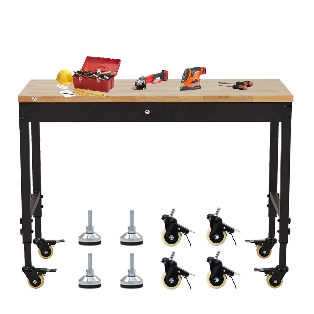 48" Adjustable Workbench ,Rubber Wood Work Table Garage w/Power Outlet & Wheels