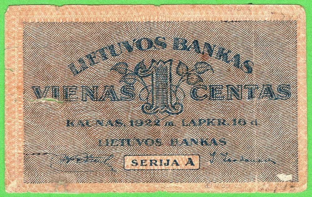 Lithuania 1 Centas 1922 P7 * VF * Series: A *