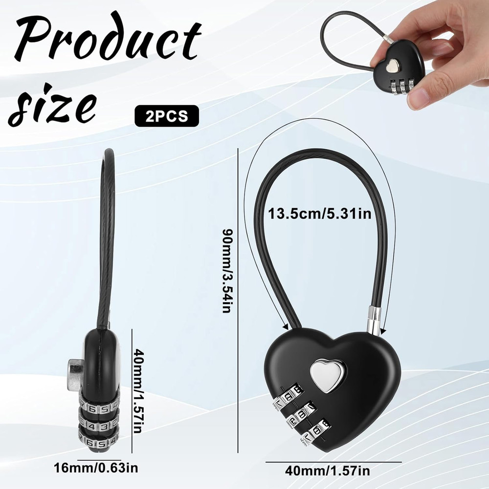 2 PCS 3 Digit Combination Padlock Heart Combination Locks Cute Combo Cable Lock