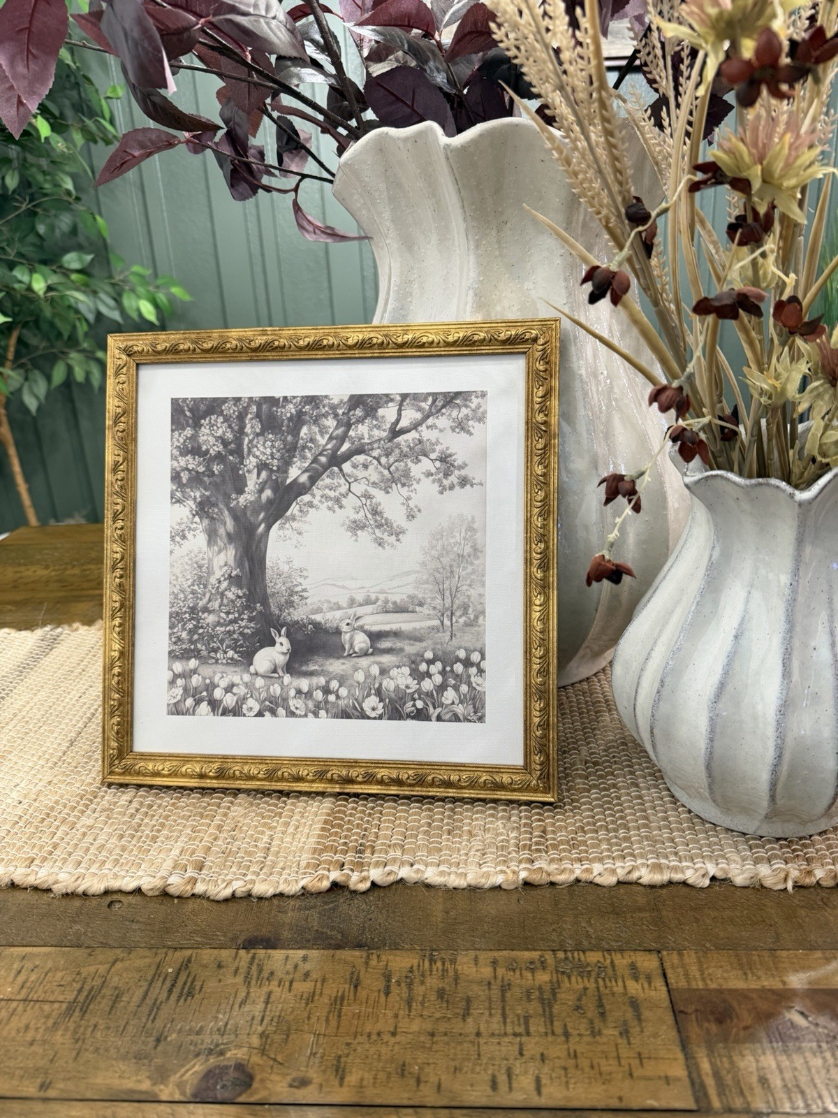 Bunnies in Nature Framed Easter Artwork, Black and White, 12" x 12", by My Texas