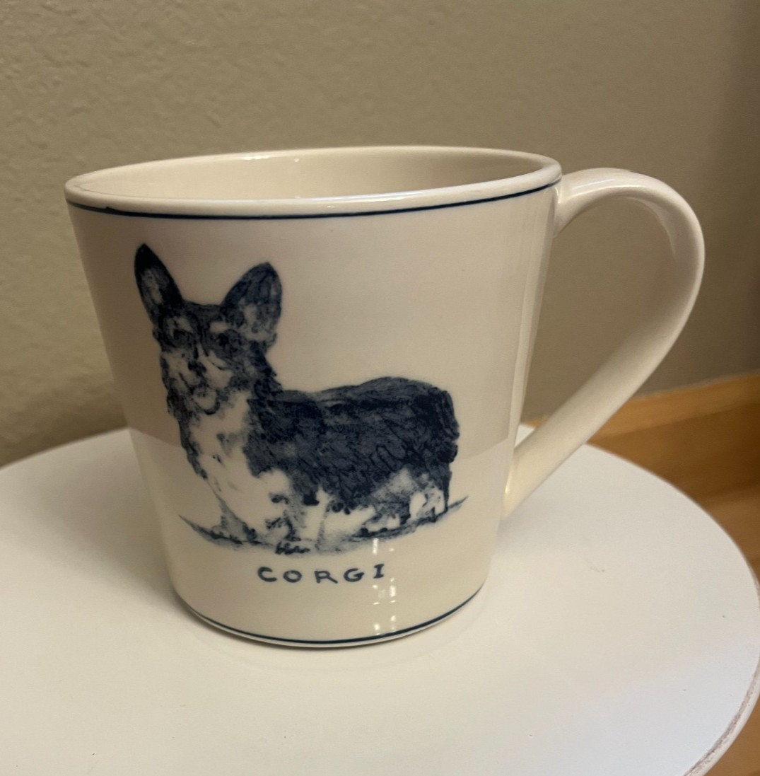 Molly Hatch Anthropologie Corgi 14oz Coffee Mug Blue Cream Hand Painted