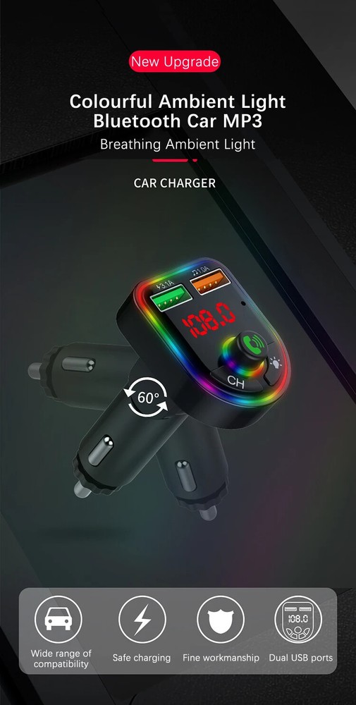 Car Bluetooth 5.3 FM Multifunction Adapter Dual USB Port Quick Charge Adapter