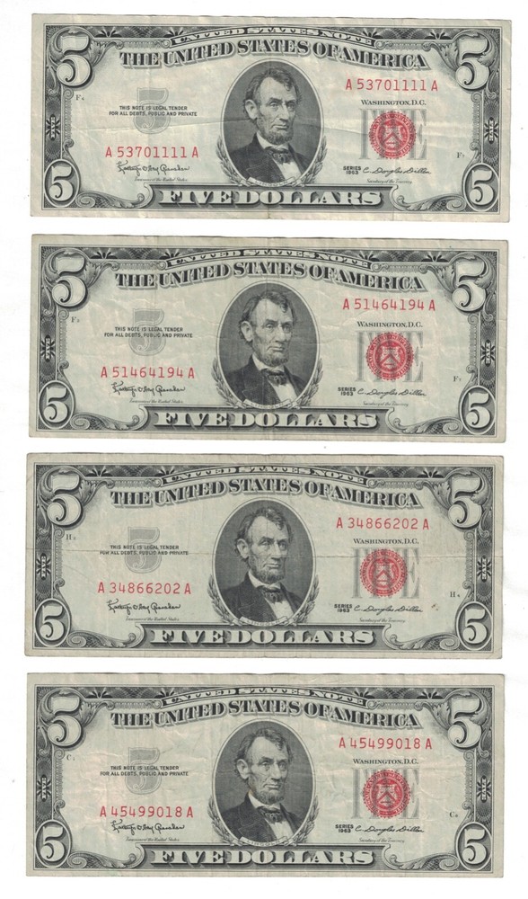 1963 $5 FIVE DOLLARS RED SEAL FR.1536