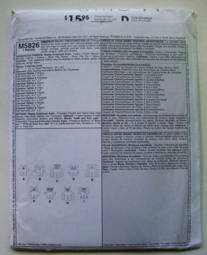 Wacky creatures stuffed toy decor craft pattern 5826 UNCUT