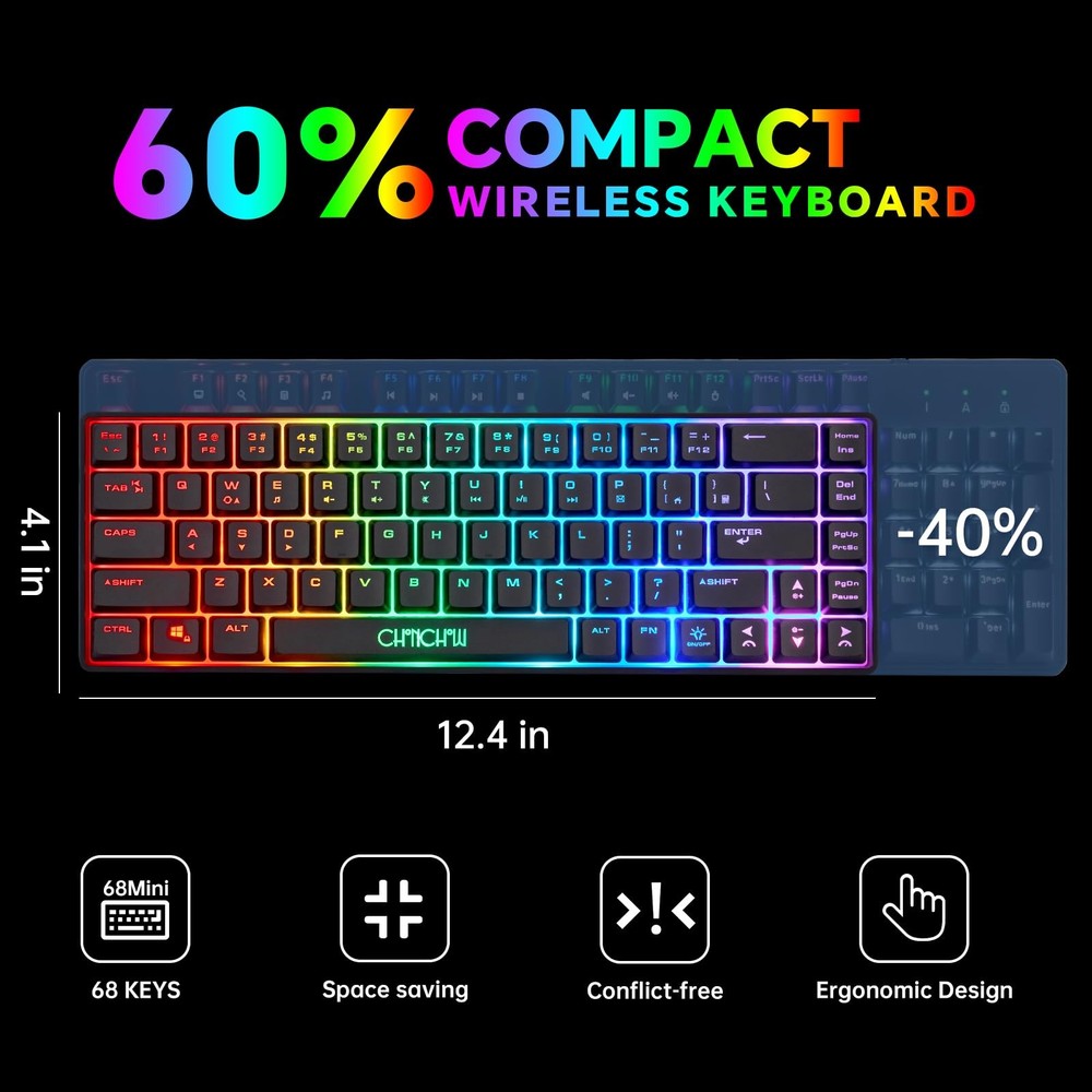 Wireless 60% Gaming Keyboard and Mouse Combo, LED Backlit, Rechargeable, Compact