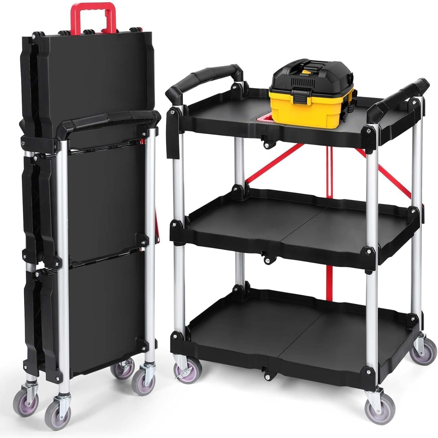 3 Tier Folding Service Cart Utility Trolley w/ Wheels Collapsible Aluminum Frame