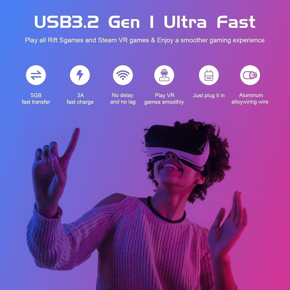 Lightweight 10ft VR Link Cable for Oculus Quest - 5Gbps Data Transfer & Charge