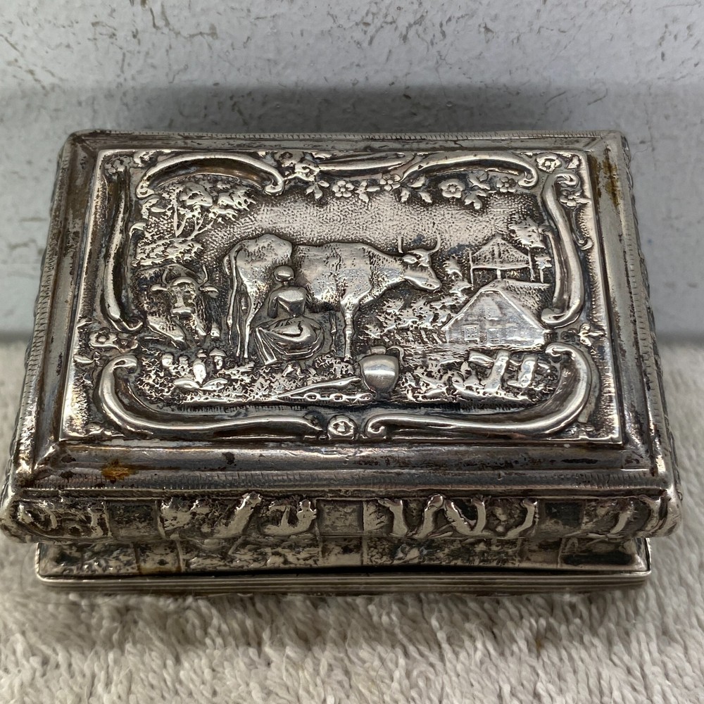 German 19th Century Embossed Farm Scene Solid Silver Table Snuff Box