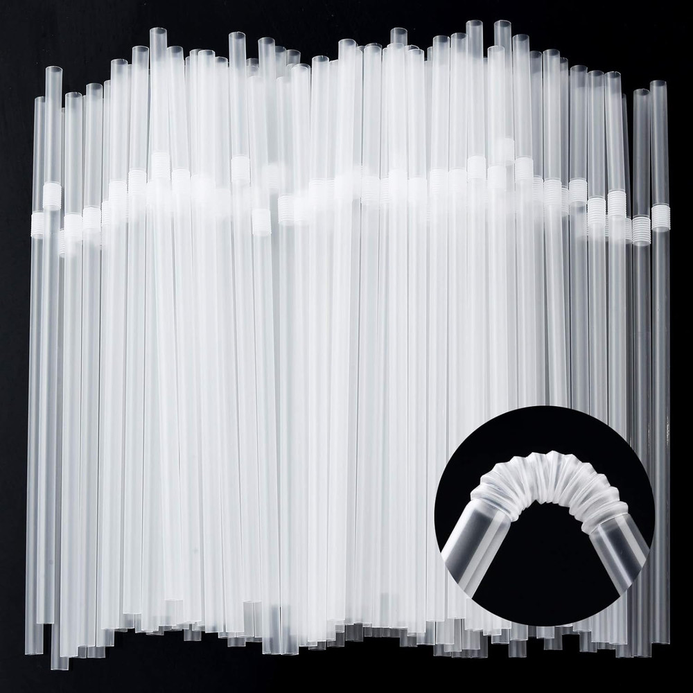 100-Pack Clear Flexible Drinking Straws, Plastic Disposable Bendy Straws - 7.75"