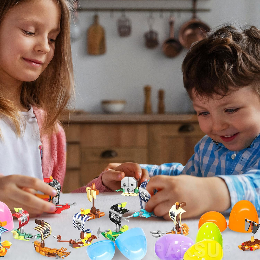 12 Pack Easter Plastic Eggs with Pirate Ship Building Blocks for Easter Theme Pa