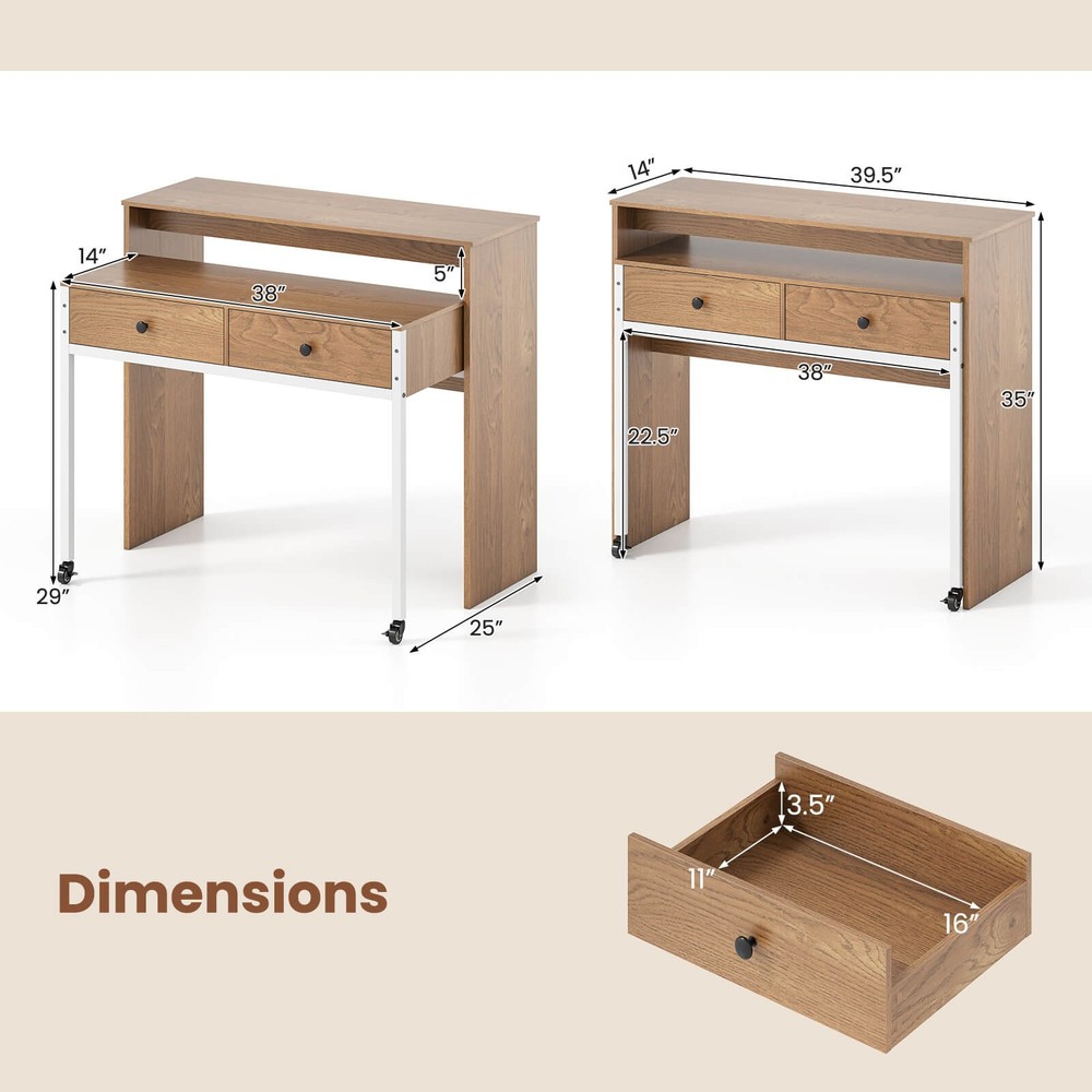 Extendable Computer Desk W/ Large Storage Space Workstation w/Drawer & Wheels