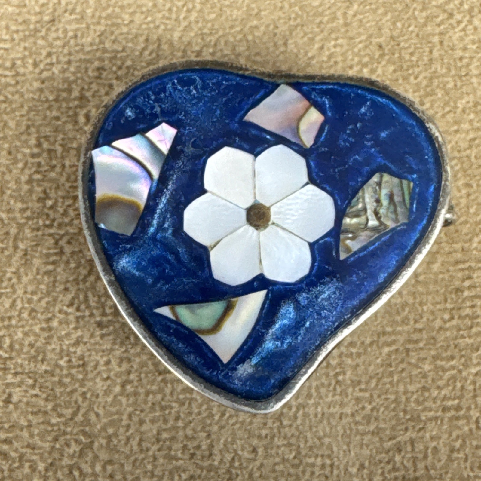 VTG Alpaca Mexico Silver Abalone Shell Inlay Pill Box Trinket-Flower Heart Daisy