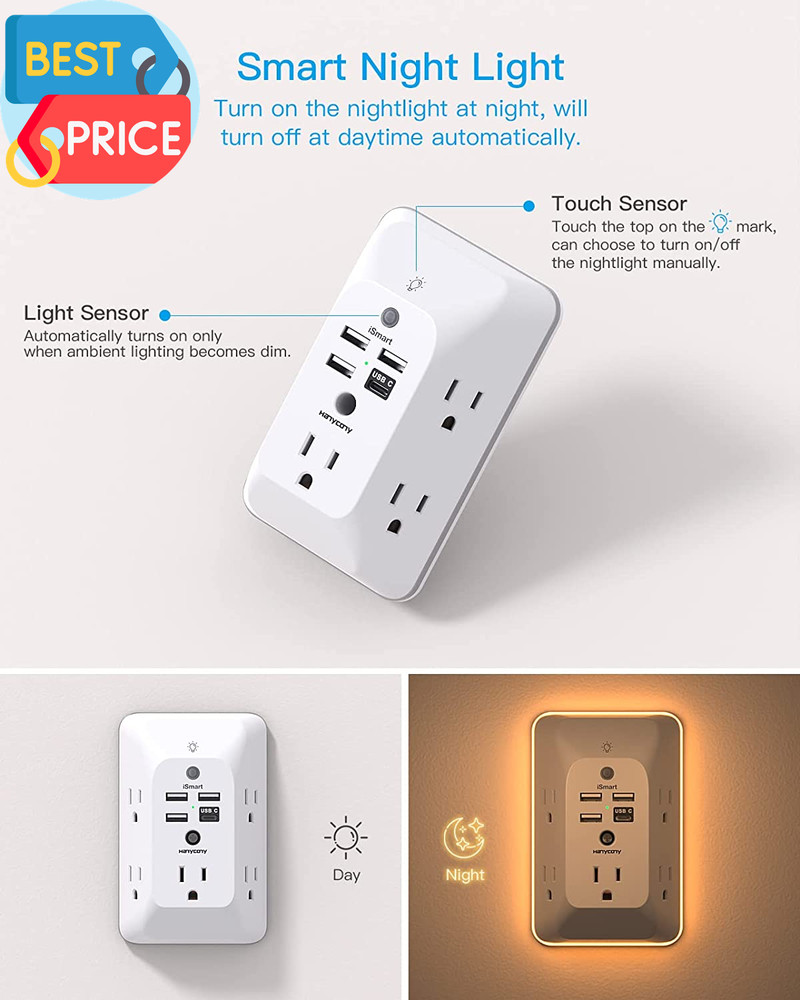 Outlet Extender with Night Light, Multi Plug Outlet, USB Wall Charger Surge Prot