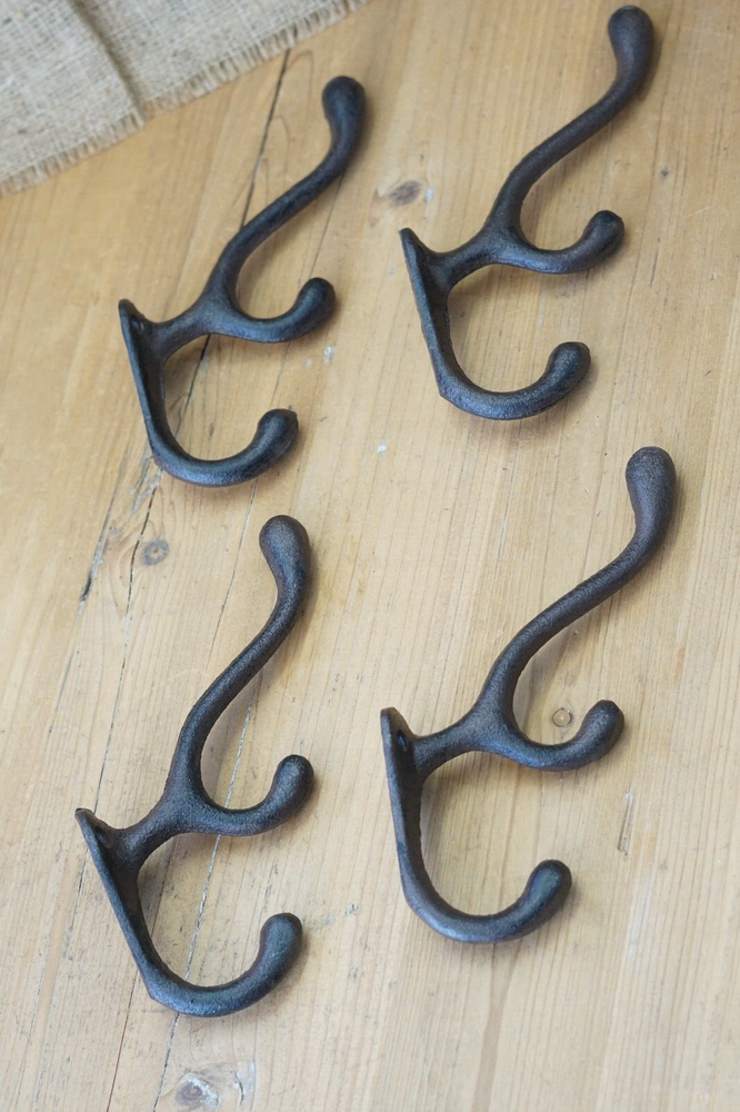 20 Cast Iron TRIPLE SCHOOL Style Coat Hooks Hat Hook Rack Hall Tree Tack Rustic