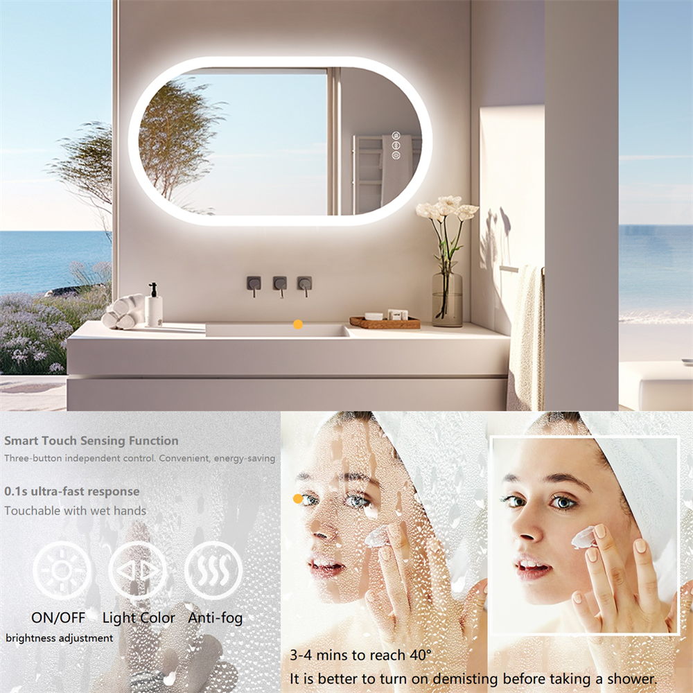 Stepless Dimming Illuminated LED Bathroom Mirror Vanity Makeup Wall Mounted Oval