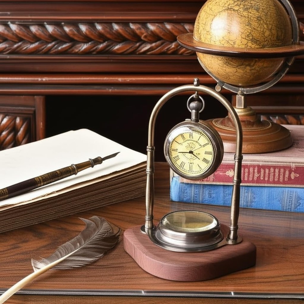 Victorian Brass Desk Clock with Integrated Working Compass - Vintage Tabletop