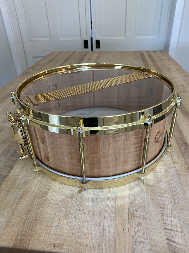 5 1/2 x 14 Custom made snare drum. Curly Maple Stave shell.