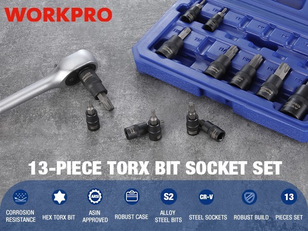 WORKPRO 13PC Torx Bit Socket Set 1/4" 3/8" 1/2" Drive T8-T60 Torx Bit Socket Set