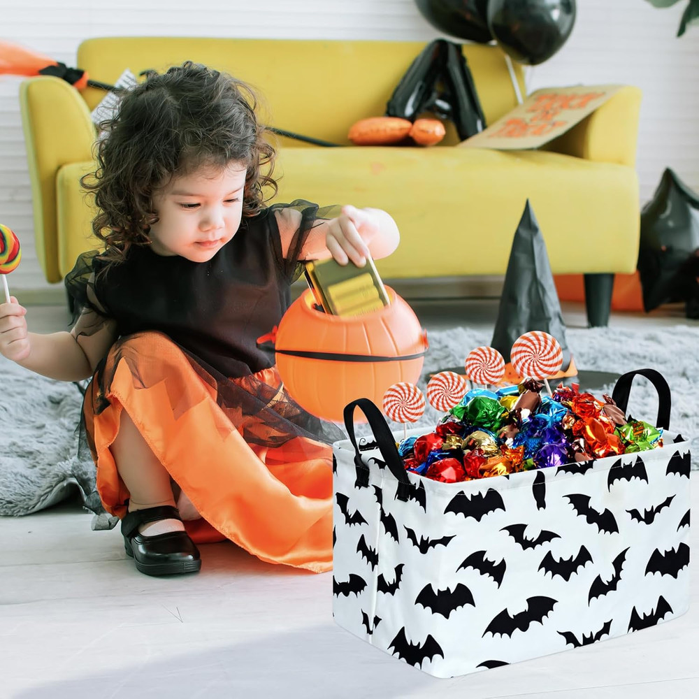 Bat Pattern Halloween Storage Gift Basket Canvas Bins With