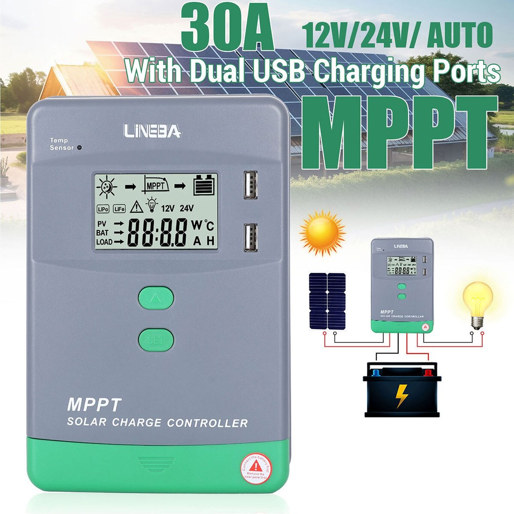 LCD 30A MPPT Solar Panel Regulator Charge Controller 12V/24V Auto Focus Tracking