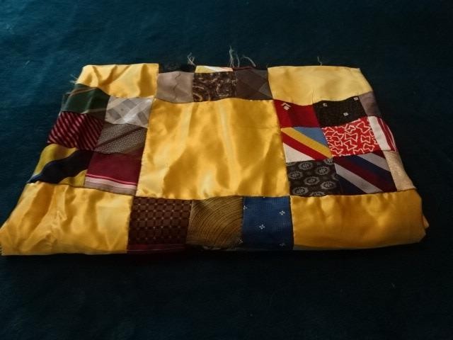 Vtg Handmade Quilt top-61" x 48" 9 patch blocks&silky gold solid-using men ties