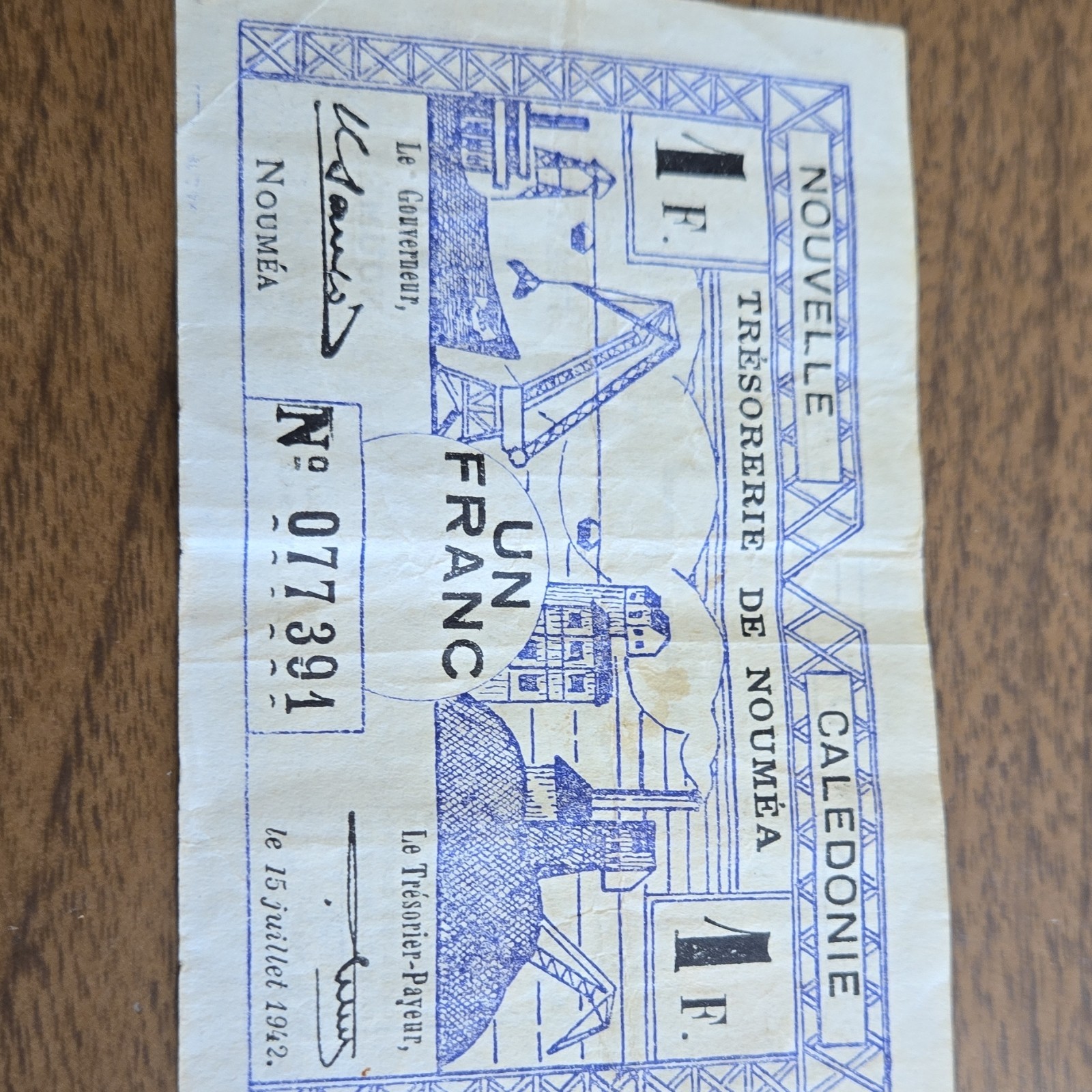 New Caledonia 1 Franc Bon de Caisse Treasury Note 1942 No. 077391