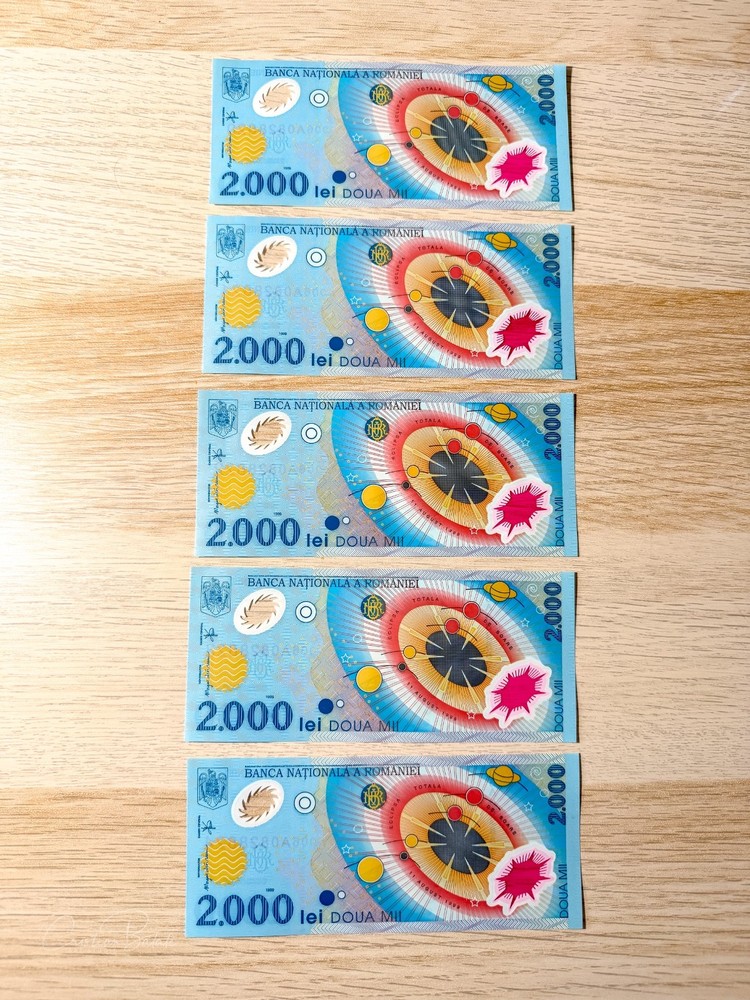 5 x Romania 2000 Lei 1999 Solar Eclipse Banknote UNC Consecutive Numbers