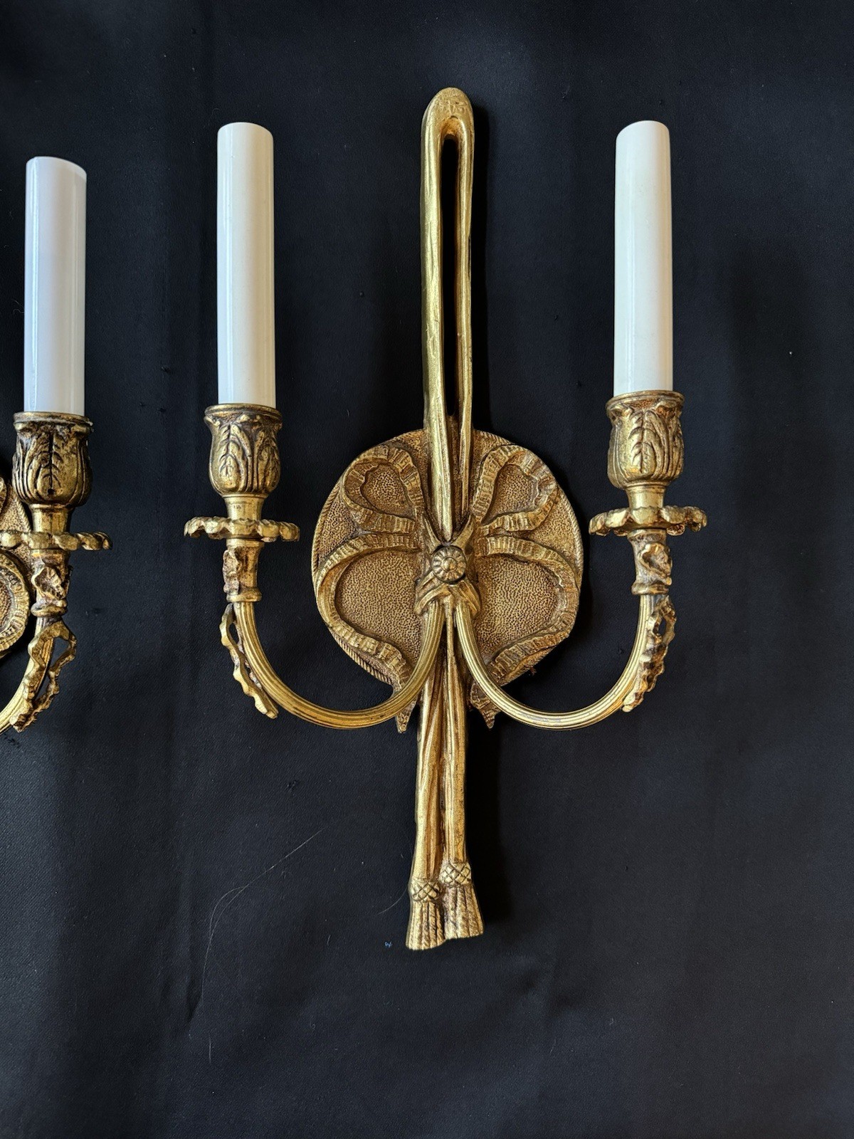 PAIR Vintage French Brass Bow Tassels Wall Sconce Candelabras 2 Pair Available