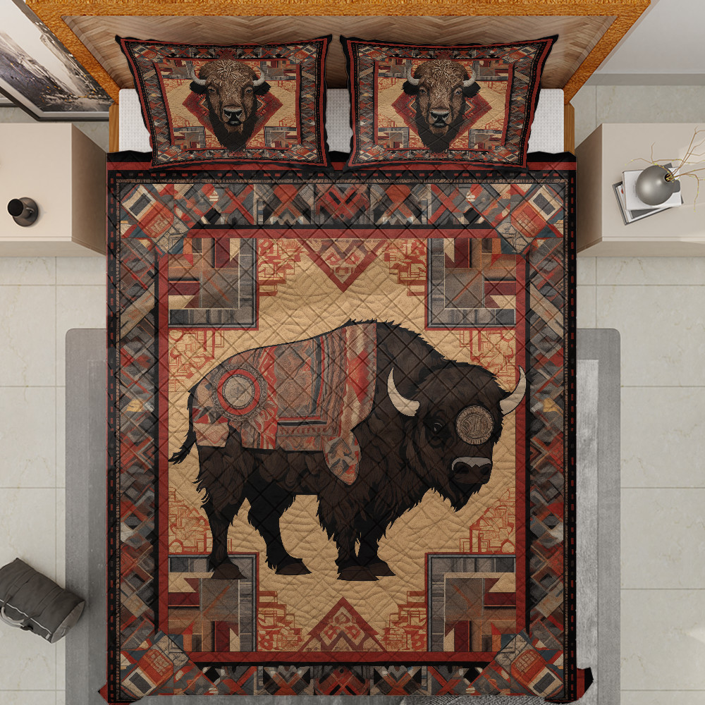 Pattern Native America Bison Quilt Bedding Set, Tribal Bison Design Quilt Set