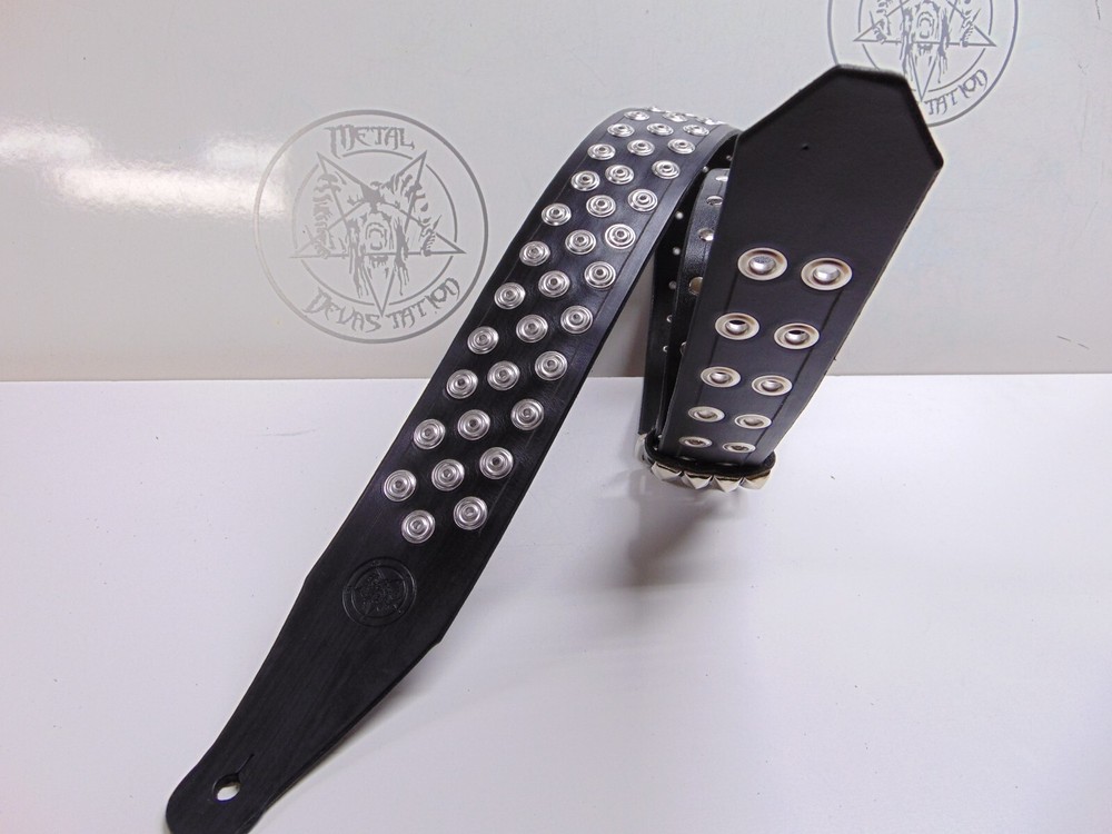 BLASPHEMER... LEATHER SPIKED GUITAR STRAP. BUCKLE UP (MDLS0374)