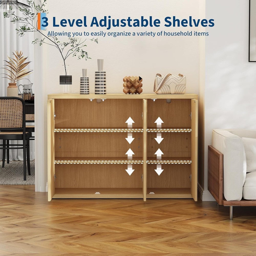 Fluted Buffet Sideboard with Adjustable Shelves & 3 Doors for Kitchen & Hallway