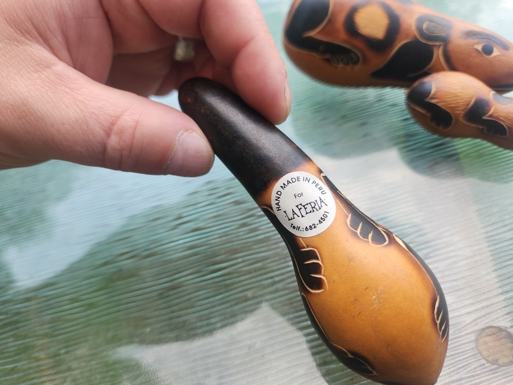 3 Handmade Peru Gourd Maraca Rattle Percussion Fox, Mouse, Guinea Pig
