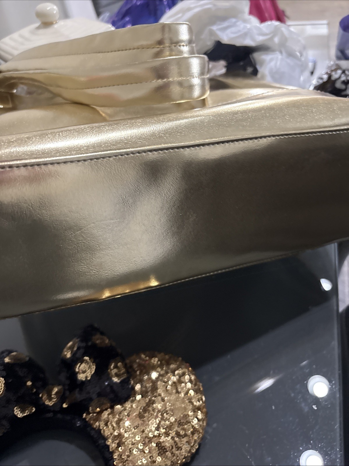 Disney Parks Mickey & Minnie Kissing Skating Gold Heart Briar Large Tote Bag NWT