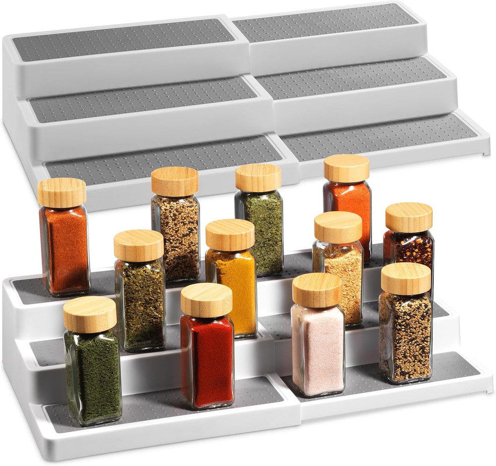 Plastic 3-Tier Expandable Spice Rack - Adjustable Length Non-Skid Shelf (2 PACK)