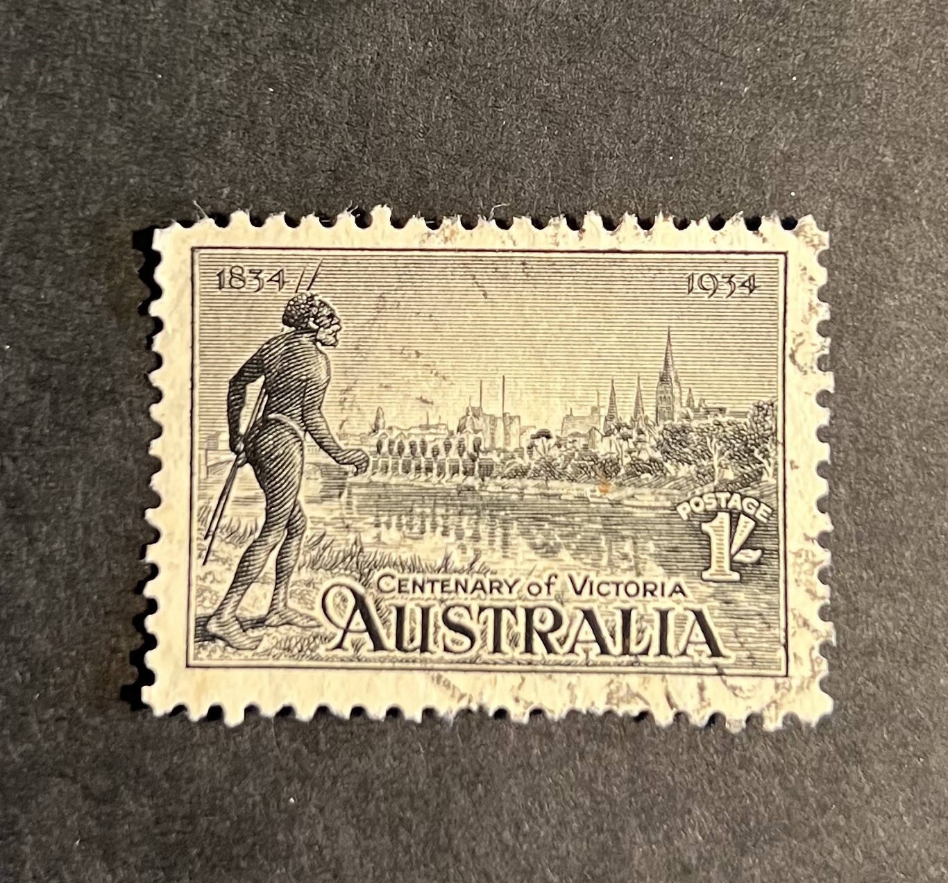 AUSTRALIA PRE DECIMAL 1934 CENTENARY OF VICTORIA 1/- BLACK 10.5 PERFORATION USED