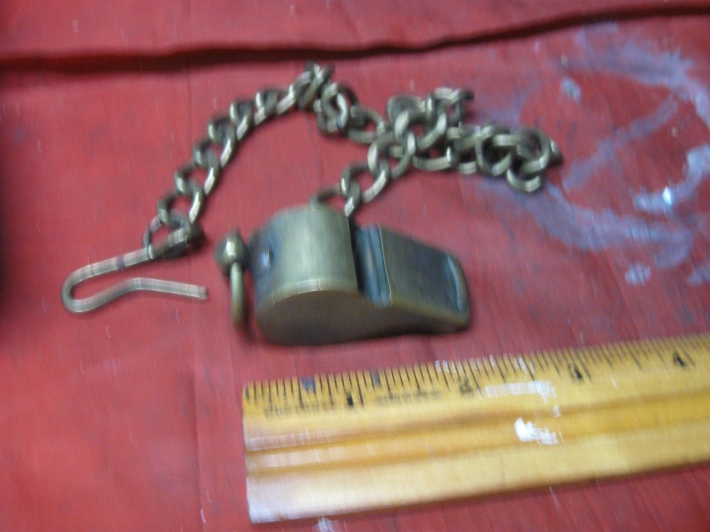 WWI WW1 WWII BRASS MILITARY POLICE WHISTLE AND CHAIN CORK BALL UNMARKED VINTAGE