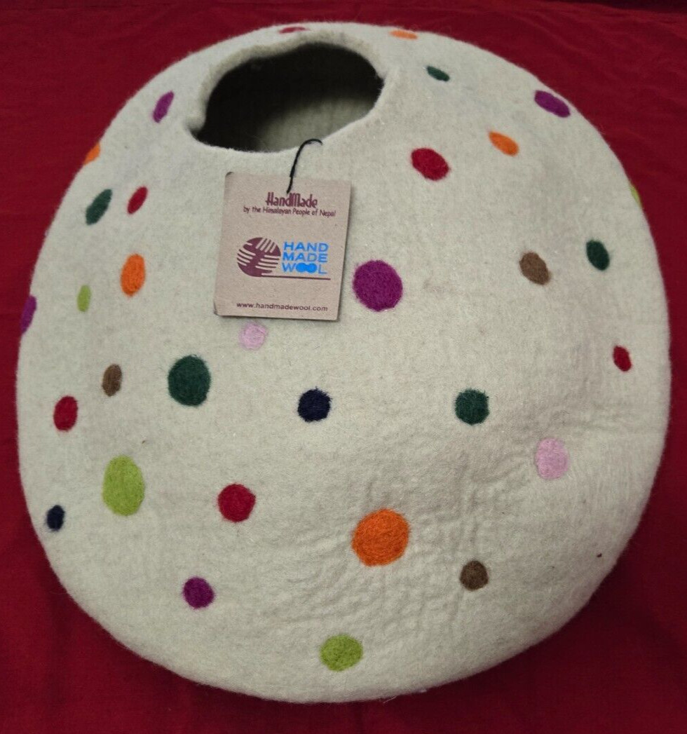 Hand Made in Nepal Felted Wool Cat Cave Light Beige w/ Multicolor Polka Dots