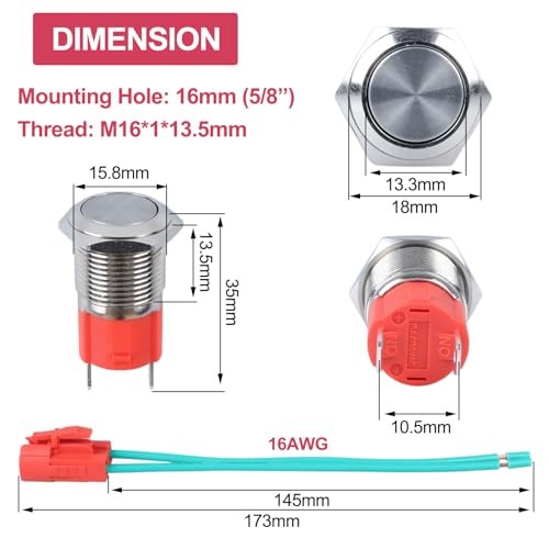 16mm Heavy Duty Latching Metal Push Button Switch 16mm Latching Silver