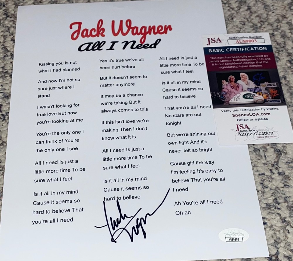 Jack Wagner Signed Autographed Lyric Sheet Singer All I Need Music JSA